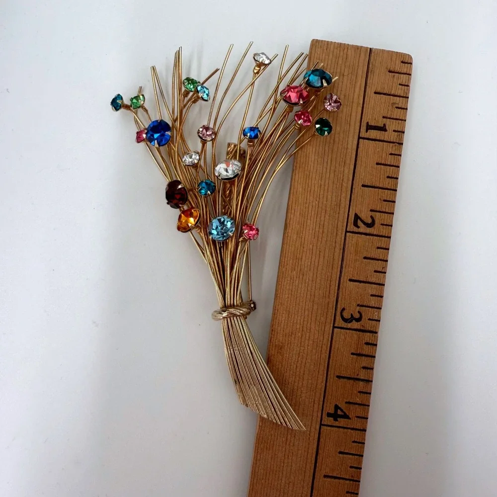 Vintage 1960s Rhinestone‎ Spray Brooch Multicolor Gold Tone Mid Century